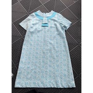 Vtg 60s 70s Mod Blue Textured Floral Poly Knit Shift Dress Front Zip xlarge